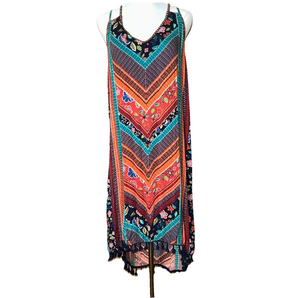 Democracy Chevron Boho High Low Fringe Midi Dress Size M Floral Geometric